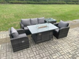 Rackhams Outdoor Rattan Garden Furniture Set Propane Gas Fire Pit Table Burner with Lounge Sofa Side Table - thumbnail 2