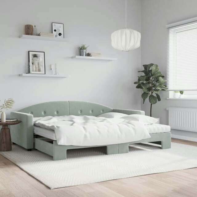 Rackhams Daybed with Trundle and Mattresses Light Grey 90x190 cm Velvet