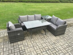Rackhams 6 Seater Garden Rattan Furniture Dining Table Sofa Set Indoor Outdoor with Reclining Chairs Side Table Dark Grey Mixed - thumbnail 1