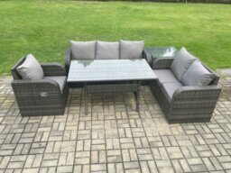 Rackhams 6 Seater Garden Rattan Furniture Dining Table Sofa Set Indoor Outdoor with Reclining Chairs Side Table Dark Grey Mixed - thumbnail 2