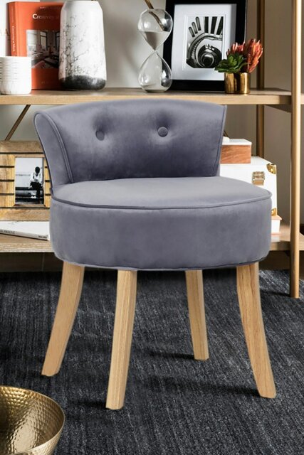 Rackhams Grey Velvet Low Backrest Dressing Stool with Log Color Legs - Grey - image 1