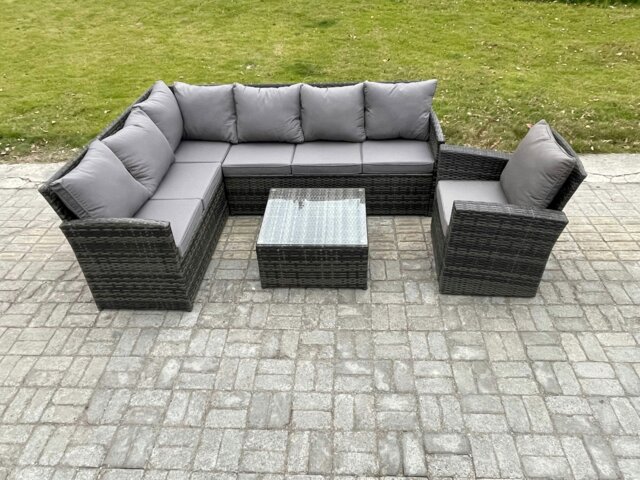 Rackhams 7 Seater Outdoor Garden Furniture Set Wicker PE Rattan Corner Sofa Set with Square Coffee Table Armchairs Dark Grey Mixed - image 1
