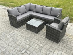 Rackhams 7 Seater Outdoor Garden Furniture Set Wicker PE Rattan Corner Sofa Set with Square Coffee Table Armchairs Dark Grey Mixed - thumbnail 2