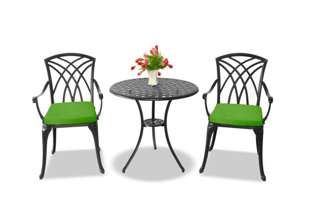 Rackhams OSHOWA Luxurious Garden and Patio Table and 2 Large Chairs with Armrests Cast Aluminium Bistro Set - Black with Green Cushions - image 1