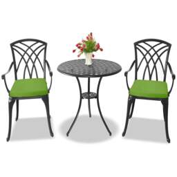 Rackhams OSHOWA Luxurious Garden and Patio Table and 2 Large Chairs with Armrests Cast Aluminium Bistro Set - Black with Green Cushions