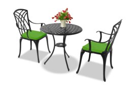 Rackhams OSHOWA Luxurious Garden and Patio Table and 2 Large Chairs with Armrests Cast Aluminium Bistro Set - Black with Green Cushions - thumbnail 2