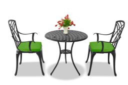 Rackhams OSHOWA Luxurious Garden and Patio Table and 2 Large Chairs with Armrests Cast Aluminium Bistro Set - Black with Green Cushions - thumbnail 3
