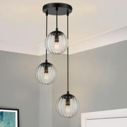 Rackhams Kingston 3 Light Ribbed Glass Pendant Light - Matt Black - Cluster