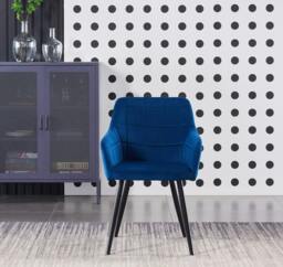 Rackhams Single Camden Modern Velvet Dining Chair with Armrests, Quilted Design & Black Metal Legs - Velvet - Blue - Modern - thumbnail 2