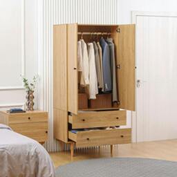 Rackhams Wardrobe with 2 Doors, 2 Drawers, Hanging Rail for Bedroom Clothes Storage Organiser, 80x52x180cm, Natural Tone - thumbnail 2