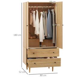 Rackhams Wardrobe with 2 Doors, 2 Drawers, Hanging Rail for Bedroom Clothes Storage Organiser, 80x52x180cm, Natural Tone - thumbnail 3