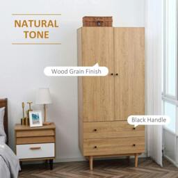Rackhams Wardrobe with 2 Doors, 2 Drawers, Hanging Rail for Bedroom Clothes Storage Organiser, 80x52x180cm, Natural Tone - thumbnail 4