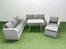 Rackhams 6 Pieces Outdoor PE Rattan Garden Furniture with Cushions Reclining Chair Side Table Big Stool Light Grey