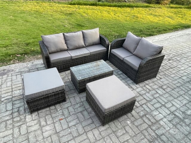 Rackhams 7 Seater Rattan Wicker Garden Furniture Patio Conservatory Sofa Set with Rectangular Coffee Table 3 Seater Sofa Love Sofa 2 Big Footstool - image 1