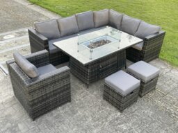 Rackhams Outdoor Rattan Garden Furniture Corner Sofa Set Gas Fire Pit Table Dining Sets Gas Heater Burner Lounge Footstools Chair Dark Grey 9 Seater - thumbnail 1