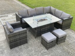 Rackhams Outdoor Rattan Garden Furniture Corner Sofa Set Gas Fire Pit Table Dining Sets Gas Heater Burner Lounge Footstools Chair Dark Grey 9 Seater - thumbnail 2