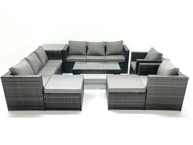 Rackhams Rattan Garden Furniture Sofa Set with Coffee table Armchair Side Table 2 Big Footstools Dark Grey Mixed - image 1