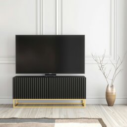Rackhams Modern Black TV Unit with Gold Base 100cm – Fluted Fronts & Push-Down Doors - 100 cm - 1 -  MDF/Chipboard - thumbnail 3