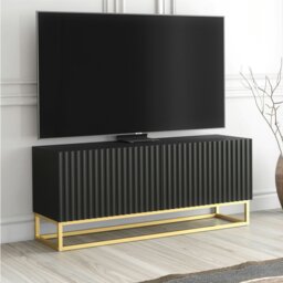 Rackhams Modern Black TV Unit with Gold Base 100cm – Fluted Fronts & Push-Down Doors - 100 cm - 1 -  MDF/Chipboard - thumbnail 2