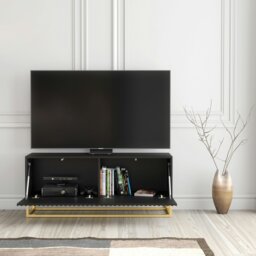 Rackhams Modern Black TV Unit with Gold Base 100cm – Fluted Fronts & Push-Down Doors - 100 cm - 1 -  MDF/Chipboard - thumbnail 4