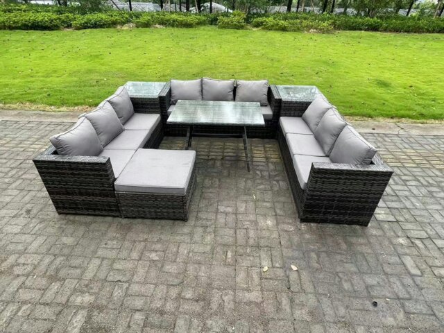 Rackhams 10 Seater Wicker PE Rattan Outdoor Furniture Lounge Sofa Garden Dining Set with Dining Table 2 Side Tables Big Footstool Dark Grey Mixed - image 1
