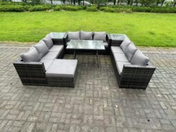 Rackhams 10 Seater Wicker PE Rattan Outdoor Furniture Lounge Sofa Garden Dining Set with Dining Table 2 Side Tables Big Footstool Dark Grey Mixed - thumbnail 1