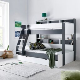 Rackhams Oliver Grey and White Triple Sleeper Storage Bunk Bed With Drawer And Mattress Options - Single / Small Double Bunk (No Drawer) With Spring Mattresses - thumbnail 3