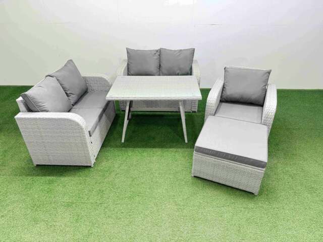 Rackhams 6 Seater Outdoor Rattan Garden Furniture Set Love Sofa Reclining Chair Set with Rectangular Dining Table Big Footstool Light Grey - image 1