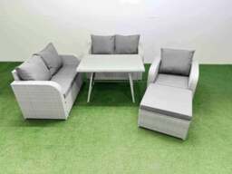 Rackhams 6 Seater Outdoor Rattan Garden Furniture Set Love Sofa Reclining Chair Set with Rectangular Dining Table Big Footstool Light Grey - thumbnail 1