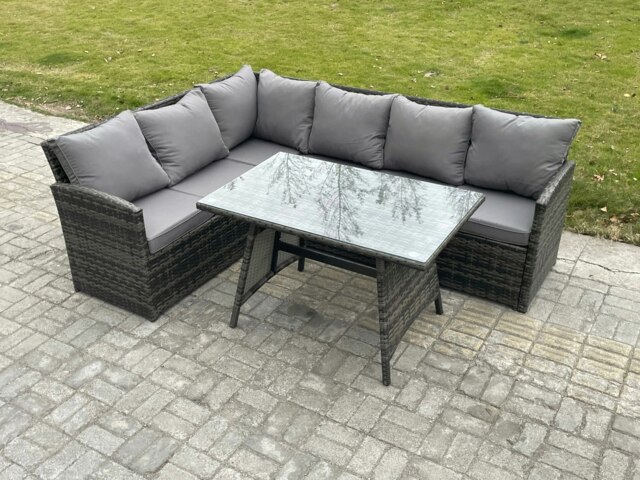Rackhams Wicker Rattan Garden Furniture Corner Sofa Set with Oblong Dining Table 6 Seater Outdoor Rattan Set Dark Grey Mixed - image 1