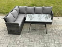 Rackhams Wicker Rattan Garden Furniture Corner Sofa Set with Oblong Dining Table 6 Seater Outdoor Rattan Set Dark Grey Mixed - thumbnail 2