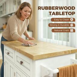 Rackhams Kitchen Island on Wheels with Rubber Wood Top, Drawers, Cream White - thumbnail 4