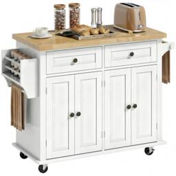 Rackhams Kitchen Island on Wheels with Rubber Wood Top, Drawers, Cream White - thumbnail 2