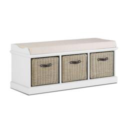 Rackhams Tetbury Bench with 3 Brown Rattan Storage Baskets and Cushion Seat - White - thumbnail 2