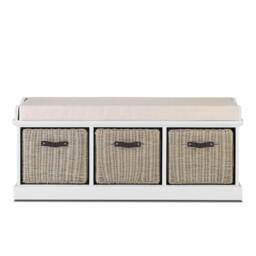 Rackhams Tetbury Bench with 3 Brown Rattan Storage Baskets and Cushion Seat - White - thumbnail 3