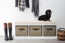 Rackhams Tetbury Bench with 3 Brown Rattan Storage Baskets and Cushion Seat - White