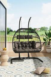 Rackhams Freestanding Outdoor Hanging 2-Seater Egg Chair - Grey - One Size - thumbnail 1