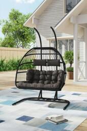 Rackhams Freestanding Outdoor Hanging 2-Seater Egg Chair - Grey - One Size - thumbnail 2