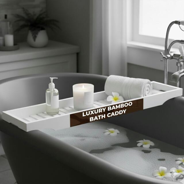 Rackhams HOME COLLECTION LKH Expandable Bamboo Bath Tray Caddy - Bathtub Rack with Wine Glass Holder, Mobile, Tablet & Book Stand - Retractable & Foldable - White - image 1