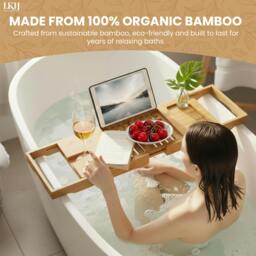 Rackhams HOME COLLECTION LKH Expandable Bamboo Bath Tray Caddy - Bathtub Rack with Wine Glass Holder, Mobile, Tablet & Book Stand - Retractable & Foldable - White - thumbnail 6