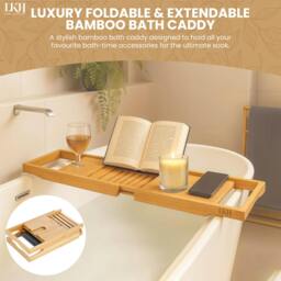 Rackhams HOME COLLECTION LKH Expandable Bamboo Bath Tray Caddy - Bathtub Rack with Wine Glass Holder, Mobile, Tablet & Book Stand - Retractable & Foldable - White - thumbnail 3