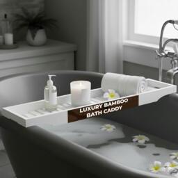 Rackhams HOME COLLECTION LKH Expandable Bamboo Bath Tray Caddy - Bathtub Rack with Wine Glass Holder, Mobile, Tablet & Book Stand - Retractable & Foldable - White