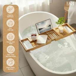 Rackhams HOME COLLECTION LKH Expandable Bamboo Bath Tray Caddy - Bathtub Rack with Wine Glass Holder, Mobile, Tablet & Book Stand - Retractable & Foldable - White - thumbnail 4