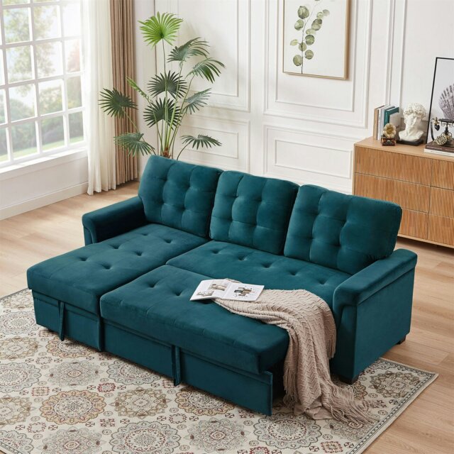 Rackhams L Shapred Corner Sofa Bed with Storage, Padded Sectional Transformable Sofa & Reversible Storage Chaise - Blue - Velvet - image 1