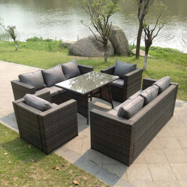Rackhams 8 Seater Rattan Garden Sofa Set with 2 Sofas, 2 Armchairs & Dining Table - Dark Grey - image 1