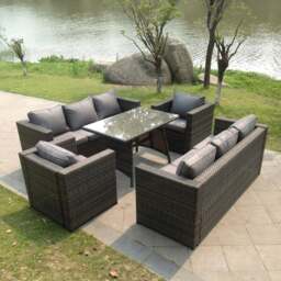 Rackhams 8 Seater Rattan Garden Sofa Set with 2 Sofas, 2 Armchairs & Dining Table - Dark Grey