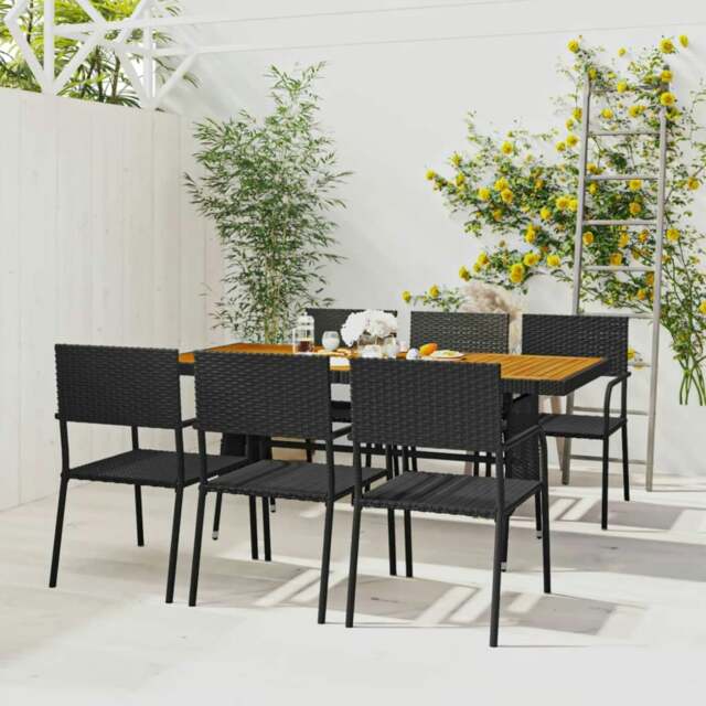 Rackhams 7 Piece Outdoor Dining Set Poly Rattan Black - Black - PE rattan, steel, solid acacia wood