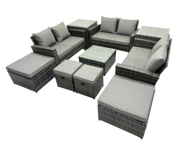 Rackhams PE Rattan Garden Furniture Set Lounge Double Seat Sofa Coffee Table Set with 2 Side Tables 4 Stools Dark Grey Mixed - image 1