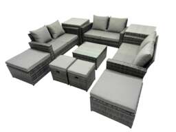 Rackhams PE Rattan Garden Furniture Set Lounge Double Seat Sofa Coffee Table Set with 2 Side Tables 4 Stools Dark Grey Mixed - thumbnail 1