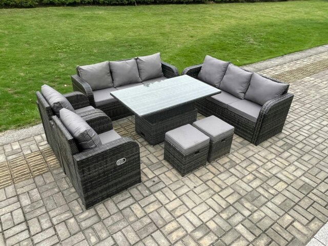 Rackhams Dark Grey Mixed Rattan Outdoor Dining Set - Height Adjustable Lifting Table, Reclining Chair & 2 Small Footstools - image 1